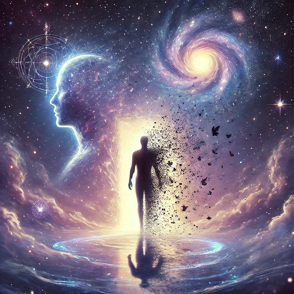 DALL·E 2025-02-01 09.34.19 - A deep and introspective image symbolizing the shedding of identity and self-reflection. A figure stands in a vast, ethereal space, dissolving into co