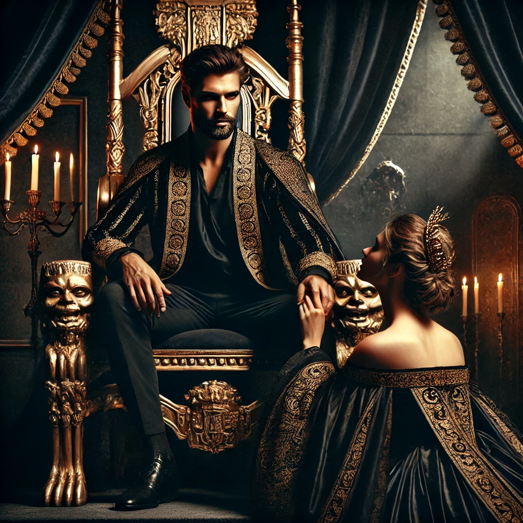 DALL·E 2025-03-12 21.49.46 - A dark, seductive, and regal scene depicting a powerful king with a commanding presence. The king has a strong, chiseled face, piercing eyes, and a we